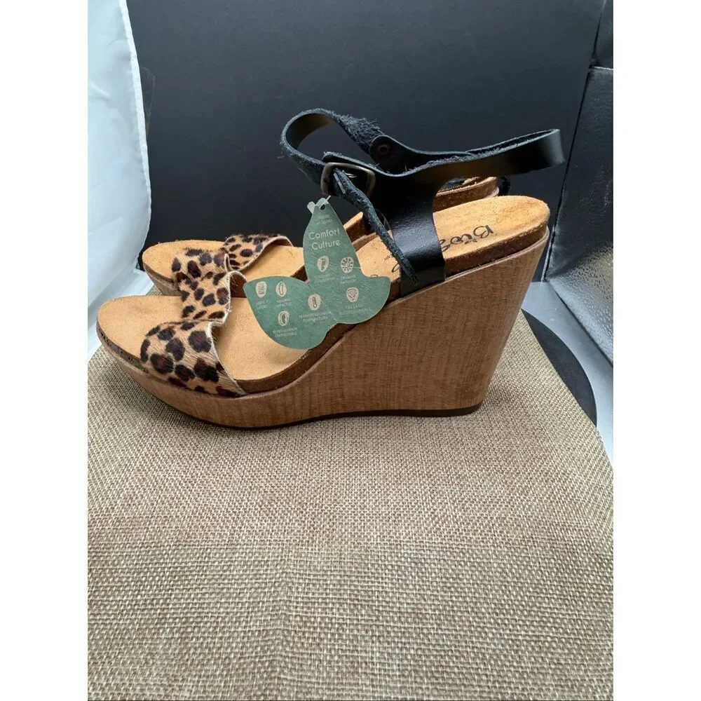 BioStep Wedges Leopard Print Pony Hair with Black Leather Strap Size 6